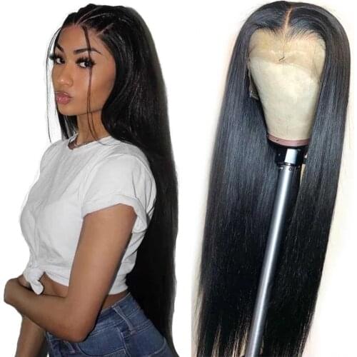 Black Long Silky Straight Synthetic Hair Lace Front Wig Glueless Heat Resistant Fiber Hair Middle Part For Women Wigs