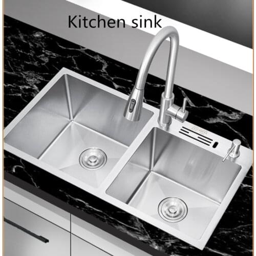 Home Sink 304 Stainless Steel Brushed Kitchen Sink Double Bowl Above Counter or Under Mount Sink with Faucet Farmhouse Sink