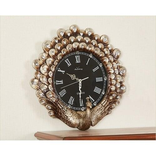 European Luxury Wall Clock Large Gold Peacock Living Room Wood Clock Wall Creative Art Silent Retro Kitchen Home Decor AB50ZB
