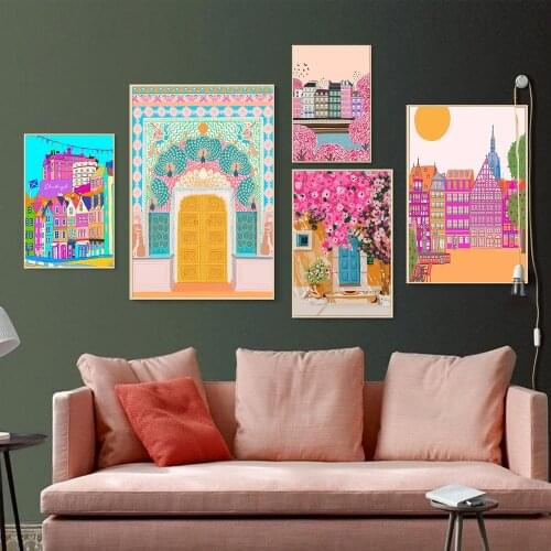 Moroccan Wall Art Canvas Poster Pink Floral Door Building Moon Print Nordic Decorative Pictures Painting Modern Mosque Decor