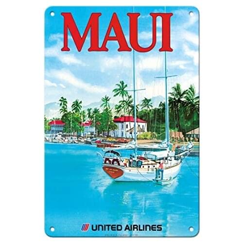 Maui - United Airlines - Sail Boat - Lahaina Harbor - Airline by Michael Hagel c.1977 Metal Tin Sign