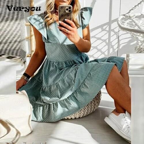 2021 New Ruffle Sleeve Mini Dress Women Casual V Neck Loose Dress 2021 Female New Summer Bohemian Dot Print Dresses For Women