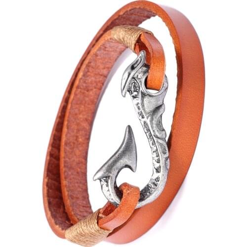 Multi Layer Leather Bracelet Vintage Men Fish Dragon Hook Charms Survival Bracelets Cuir Homme Punk Jewelry