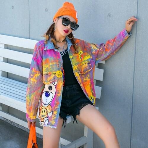 Fashion Women Denim Jacket Harajuku Colorful Graffiti Printed Female Jeans Coat Streetwear Spring Autumn Clothes Cartoon Outwear