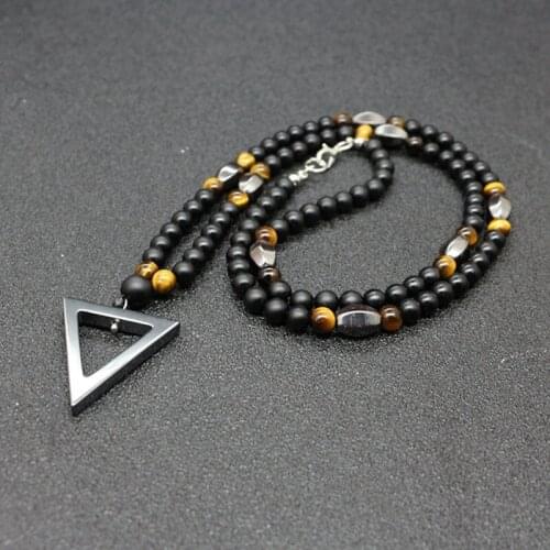 Mens Necklace 6mm Matte Black Agates Beads & Triangle Pendant Mens Necklace Rosary Mens Punk Jewelry