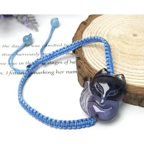 Natural Fluorite Nine-tailed Fox Strawberry Crystal Stone Pink Blue Weave Rope DIY Bracelet Healing Reiki Jewelry Gifts