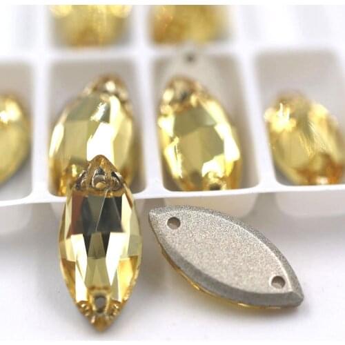 New arrival 7x15mm Leaf shape sew on rhinestones Gold Yellow flatback glass rhinestones diy Wdding dress/clothing accessories