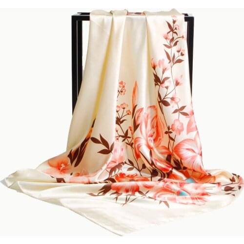 Fashion Silk Satin Scarves For Women Flower Print Hijab Scarf Female Luxury Brand Square Shawl Head Scarfs For Ladies 90cm*90cm