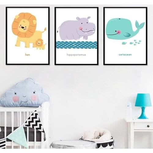 Cute Childlike Animal Print Canvas Painting Cartoon Lion Cetacean Hippopotamus Poster Childrens Room Kindergarten Decor Picture