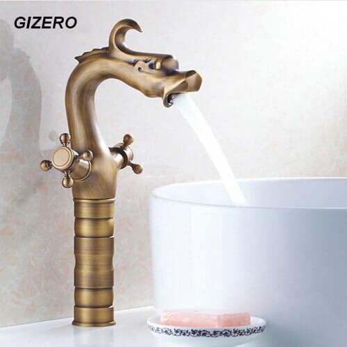 Bathroom Faucets Antique Brass Washbasin Taps Deck Mounted Dual Handle Hot and Cold Water Taps Dragon Style Torneira ZR159