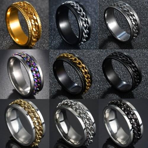 Stainless Steel Black Blue Silvery Spinner Rotatable Chain Rings for Men Women Charm Wedding Band Ring Custom Engrave Name Gift