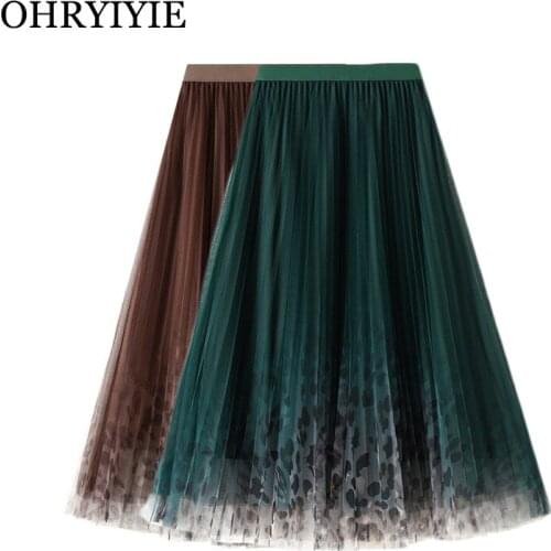 OHRYIYIE High Waist Autumn Winter Tulle Skirt Print Leopard Midi Pleated Skirt Women Vintage Mid-Calf Mesh Tutu Skirts Female