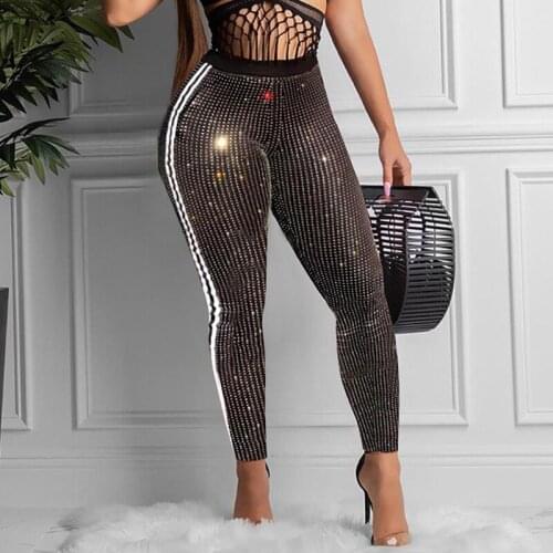 Women PENCIL Pants Capri Sequin Design Sparkly Trousers Striped Slim Bling Skinny Club Party Nightclub Streetwear Skinny Legging