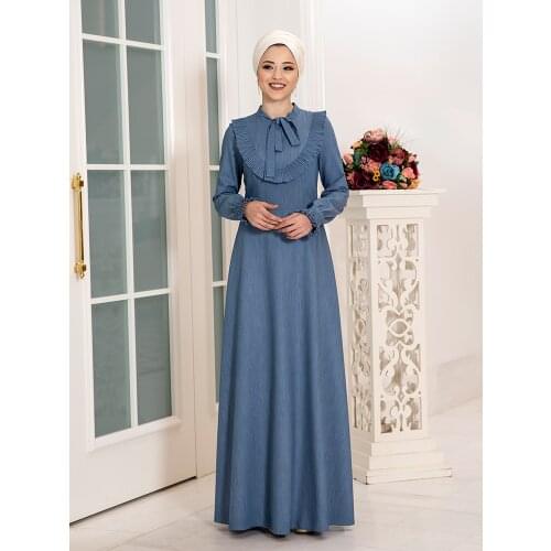 Women Denim Dress Long Bow Hijab Islamic Muslim Clothing Full Length Eid Mubarek Ramadan Abaya Quality Turkish Made