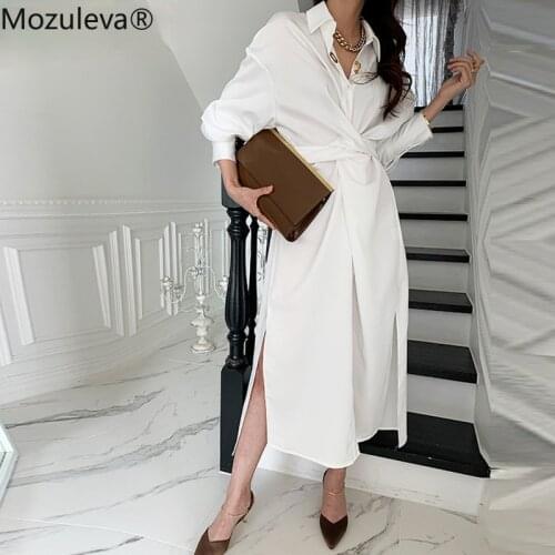 Mozuleva Turn-down Collar Women Midi Dress Full Sleeve Single-breasted Female Shirt Dress Summer Ladies Side Split Solid Vestido