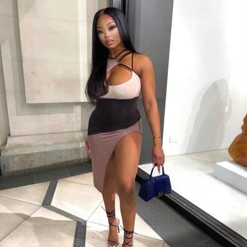 Women Dress Hollow Out Asymmetric Round Neck Sleeveless Colorblock Bodycon Slim Stretchy Elegant Sexy Club Party Dress