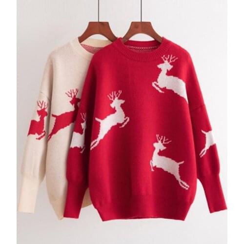 ZITY 2020 Ugly Christmas Deer Sweater Women Winter Cotton O Neck Red Beige Jumper Knitted Pullover Sweater Female