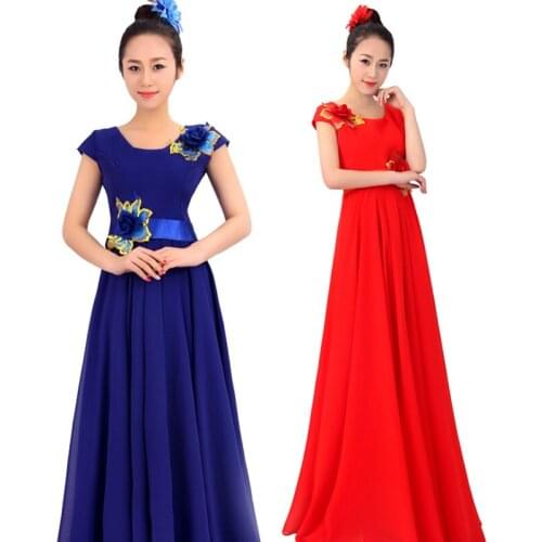 0178) Chinese folk music chorus costumes stage blue China wind costumes performance clothing red Chinese style