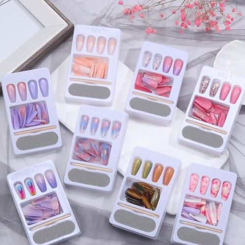 24pcs/set Long Coffin Fake Nails European Rainbow Ballerina Full Cover Detachable Acrylic False Nails Manicure Extension Tools