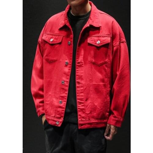 #2428 Japan Style Plus Size Denim Jackets For Men Black Green White Red Jean Jackets Coats Male Autumn Long Sleeve Pockets Tops