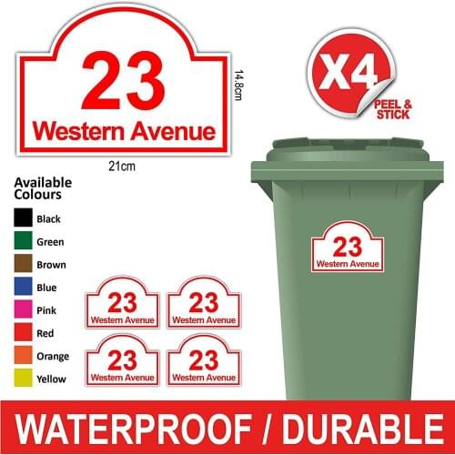 4X Personalised Printed Wheelie Bin Number Stickers with House Number And Street Name Classic Style