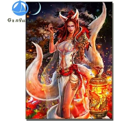 5d diamond painting full square round drill mosaic Abstract art, nine tailed fox fairy moon night scenery embroidery beads decor
