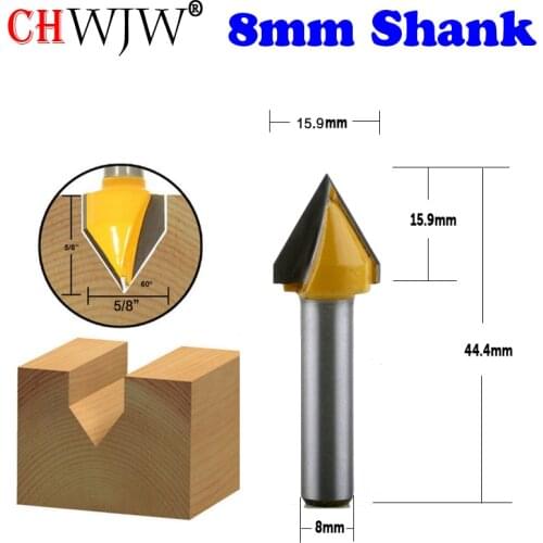CHWJW 1PC 8mm Shank 60° V-Groove Router Bit - 1/2"W X 5/8"H Woodworking cutter Tenon Cutter for Woodworking Tools