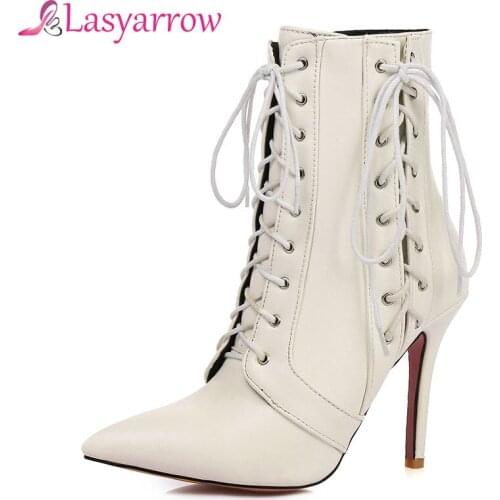 Lasyarrow womens shoes brand new sexy ankle boots for woman high heels pointed toe black red shoes woman cross-tied botasRM059