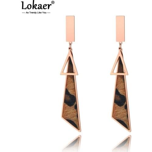 Lokaer Stainless Steel Leopard Leather Double Triangle Dangle Earrings Rose Gold Vintage Earrings Jewelry For Women Girls E19266