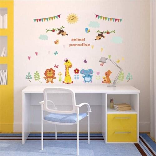 Cartoon Monkey Lion Giraffe Elephant Wall Sticker For Kids Room Home Decoration Animals' Party Mural Art Diy Pvc Safari Decals