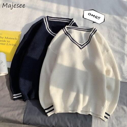 Pullovers Men Striped V-Neck Knitted Autumn Simple Korean Style Ulzzang Harajuku Fashion Casual All-match Couples Chic Loose New