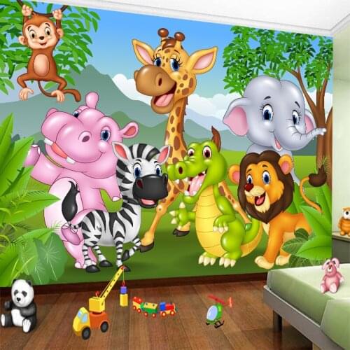 Custom any size 3D wall mural wallpapersCartoon Animal Giraffe Elephant Zebra Monkey Lion 3D Perspective Wall Sticker YBZ138