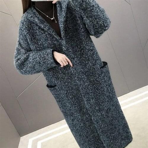 Mink Cashmere Mid-Length Sweater Cardigan Jacket Women Korean Fashion Hooded Knitted Overcoat Autumn Winter Warm Soft Outerwear