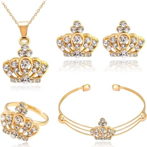 New Arrive Royal Crown Gold-color Crystal Statement Necklace Stud Earring Bracelet Ring Set for Women Wedding Jewelry Set