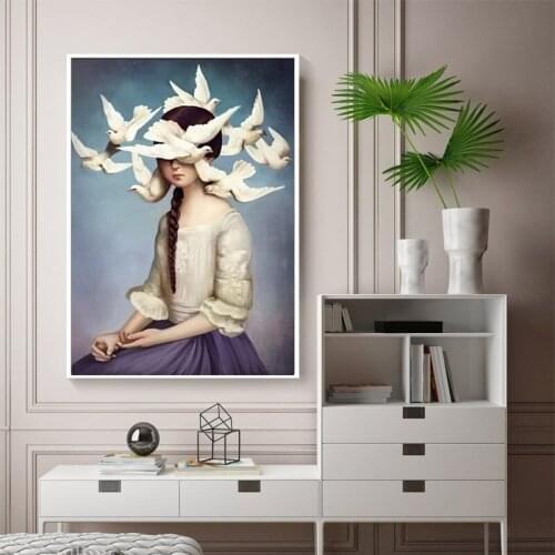 Silent Girl and White Pigeons Poster Nordic Minimalist Painting Printed Canvas Wall Art Picture for Living Room Home Decor