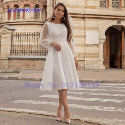 Beach Ivory Short Wedding Dresses Long Sleeves Scoop Neck A Line Knee Length Bridal Gowns Custom Made Robe De Mariée Vestidos