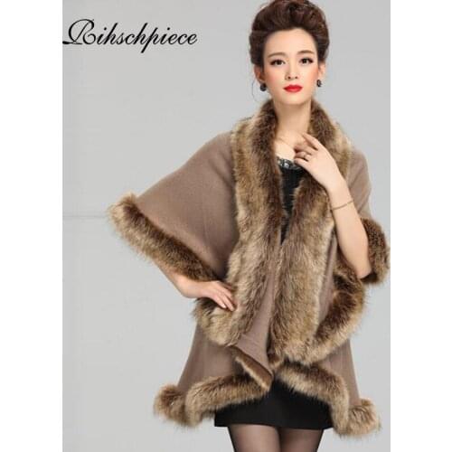 Rihschpiece 2018 Faux Fur Coat Poncho Faux Mink fur Collar Cardigan Knitted Batwing Jacket Long Jacket RZF1288