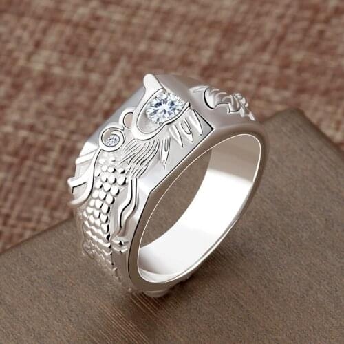 Silver creative Chinese dragon mens domineering temperament diamond ring light luxury niche design jewelry
