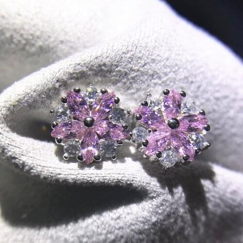 SILVER COLOR 9mm flower earrings for women Gilrs,clear & pink zircon cherry earrings simple temperament creative earrings