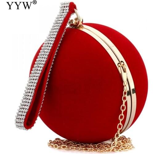YYW Unique Velvet Iron-On Lady Handbag Red Shoulder Clutch Bag Spherical Evening Bags Small Purse Chain Shoulder Bolsos Mujer