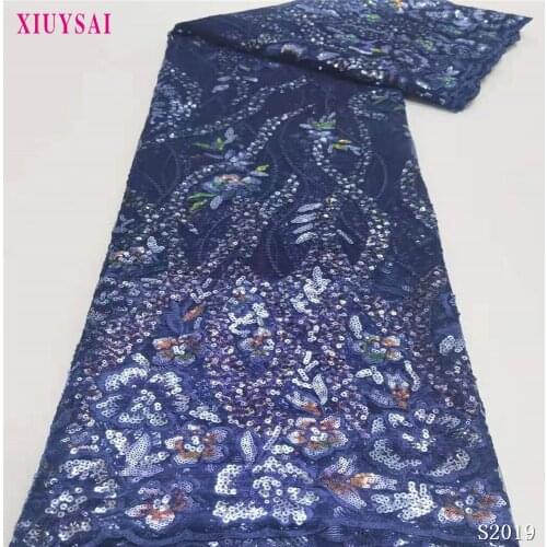 XIUYSAI African Lace Fabric 5Yard 2021 Nigerian Party Asoebi Dress Sewing Material Royal Blue Sequins Embroidery French Net Lace