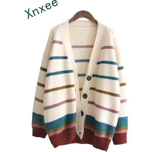 Xnxee Autumn 2019 Fashion Rainbow Striped Cardigan Women Loose Casual Knitting Sweaters Winter Warm Female Korean Style Coat