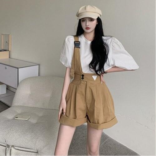 Korean 2021 Spring Black Khaki Summer Womens Jeans High Waist Loose Denim Rompers Overalls