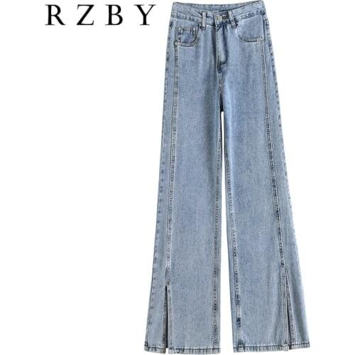 2021 New Spring Arrival Ladies Retro Wide Leg Jeans Straight Leg High Waist Split Pants Mopping Pants RZBY387