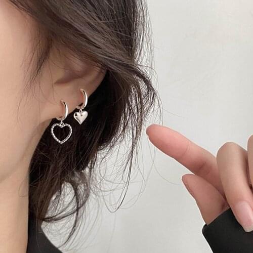 Fashion Women Earrings 2021 Trend Unusual Asymmetry Heart Charm Silver Color Drop Earrings Women Party Jewelry Accessories Gifts