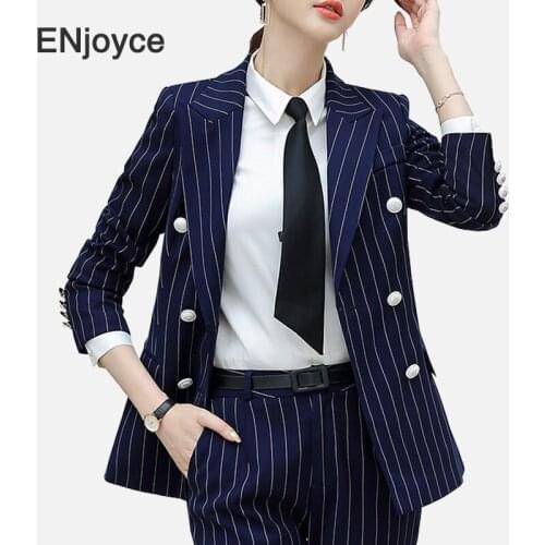 Vintage Striped Black Blazer Women Lapel Long Sleeve Double Breasted Suit Ladies Fashion Work Wear Slim Clothing Spring Fall
