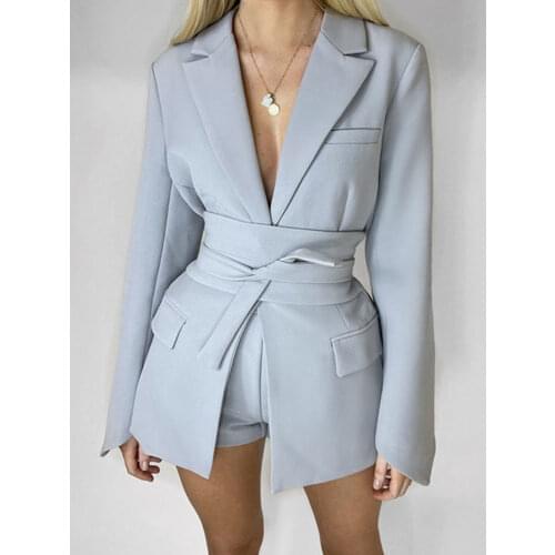 [LGRQ] Slim Fit Khaki Elegant Belted Lace Jackets New Notched Neck Long Sleeve Womens Coat Fashion Autumn Winter 2021 19D1909