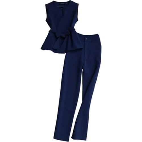 Fashion suit women spring summer New high-quality ladies casual sleeveless suit vest belt + high waist Calf pants Two-piece Sets