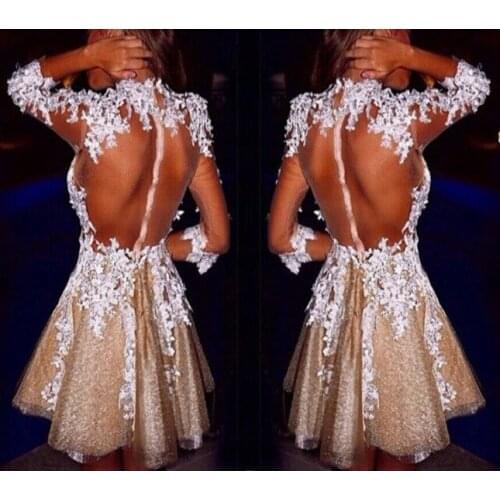Robe cocktail See Through Short Champagne Organza With White Lace Appliques Sexy Backless Girls Party Gown Homecoming Dresses