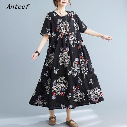 Short sleeve cotton vintage floral dresses for women casual loose long woman summer dress elegant clothes 2021